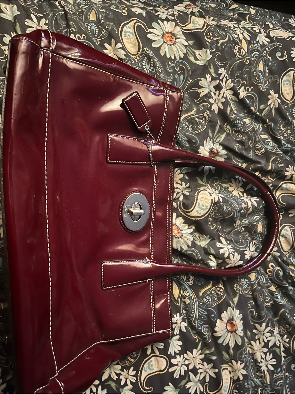 Coach Burgundy Patent Leather Tote with Turn-Lock